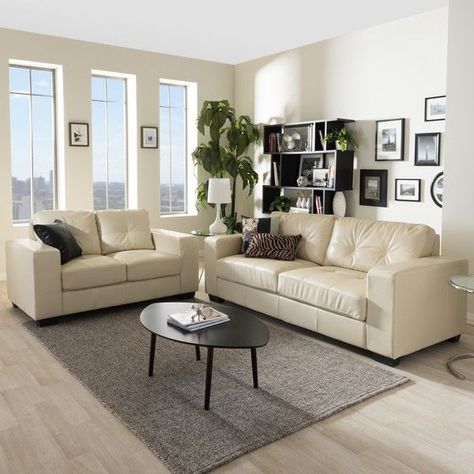 Baxton Studio Whitney Modern Ivory Faux Leather Sofa and Loveseat Set  ($1,189) ❤ liked Cream Leather Sofa Living Room, Leather Sofa Decor, Beige Sofa Living Room, Cream Sofa Living Room, White Sofa Set, White Leather Couch, Cream Leather Sofa, Contemporary Leather Sofa, Leather Sofa And Loveseat