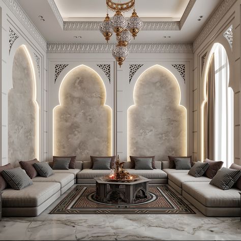 Interior Design Living Room Traditional, Moroccan Interiors Bedroom, Bookshop Design, Modern Islamic Interior, Morocco House, Modern Arabic Interior, Arabic Living Room, Arabic Interior Design, Cladding Texture