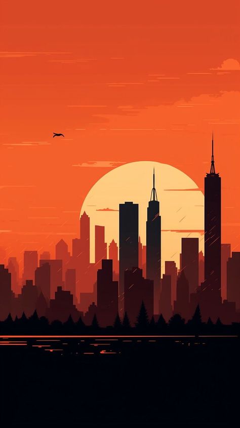 Sunset Orange New York City Skyline Wallpaper for Android and iPhone: Minimalist Aesthetic sunset phone wallpaper #zicxa-photos #zicxa #images #background #wallpaper #freepik #shutterstock #VN Easy Drawing Backgrounds Ideas, Sunset Minimalist Wallpaper, City Digital Drawing, Painting City Easy, City Poster Design Ideas, Sunset Drawing Wallpaper, New York Aesthetic Drawing, Easy Background Drawing Ideas, Easy Cityscape Drawing