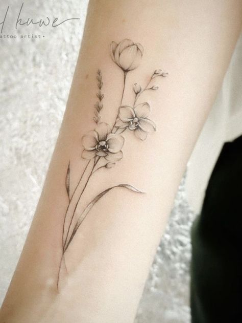 Small Arm Flower Tattoos For Women, Small Flower Arm Tattoo, Delicate Flowers Tattoo, Delicate Arm Tattoos For Women, Minimalist Arm Tattoos For Women, 2 Kids Tattoo Ideas For Moms, 86 Tattoo, Blackbird Tattoo, Delicate Feminine Tattoos