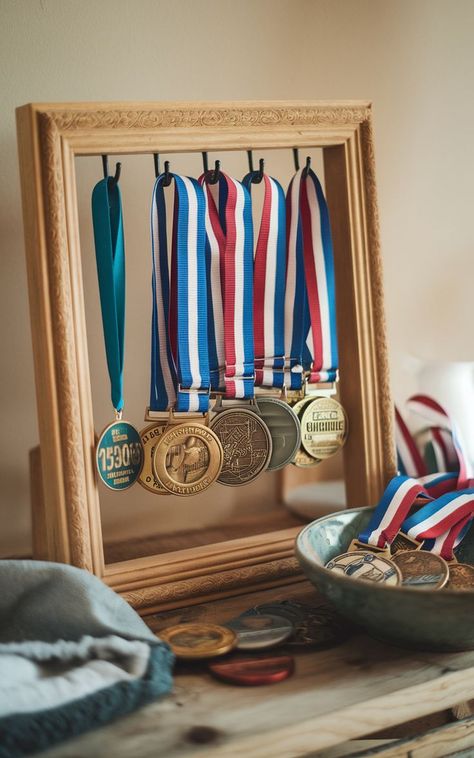 A DIY medal display project featuring a homemade frame and hooks to showcase race medals. Ways To Display Medals, Diy Medal Display, Medal Display Ideas, Diy Medal, Display Medals, Race Bib Display, Hanging Medals, Race Bib Holder, Race Medal Displays