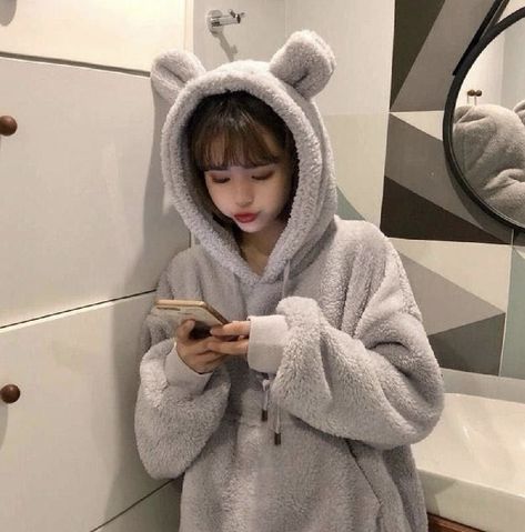 Bear Ear Hoodie, Fluffy Bear, Gray Hoodies, Kawaii Bear, Hoodies Pullover, Women Hoodies, Kawaii