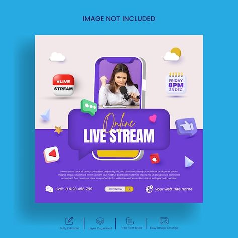 Live streaming webinar promotion social ... | Premium Vector #Freepik #vector #template #social-media #instagram #post Live Streaming Design, Blue Template, Social Medi, Thumbnail Design, Social Media Design Inspiration, Youtube Thumbnail, Vector Template, 3d Render, Instagram Live