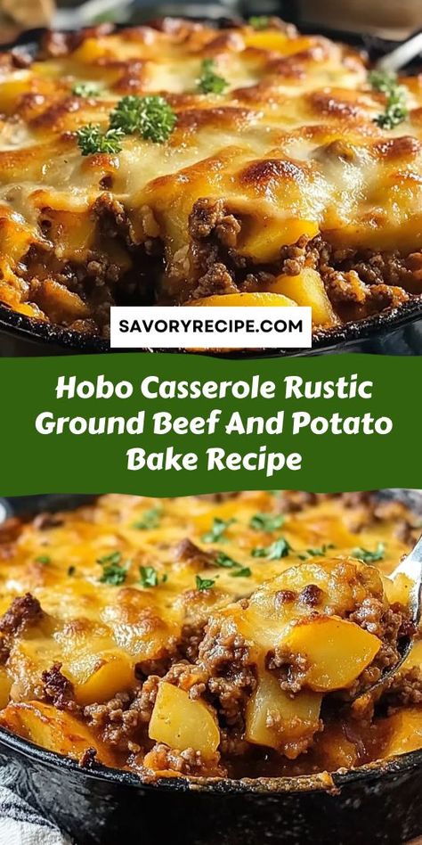 Try this delicious Hobo Casserole: a Rustic Ground Beef and Potato Bake that’s both easy and satisfying! With layers of ground beef, potatoes, and flavorful seasonings, this Ground Beef recipe is perfect for feeding a crowd. Make mealtime special with this warm, comforting dish that everyone will adore! Ground Crumbles Recipes, Recipes With Ground Beef And Mashed Potatoes, Beefy Potato Casserole, Baked Potatoes Ground Beef, Hotdish With Hamburger, Recipes For Ground Beef And Potatoes, Biscuits Ground Beef Recipes, Scalloped Potatoes And Beef, Half A Pound Of Ground Beef Recipes