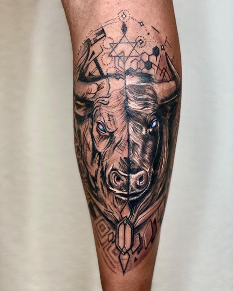 30+ Taurus Tattoos That Are As Awesome As The Sign It Represents - 100 Tattoos Taurus Half Sleeve Tattoo, Taurus Arm Tattoo Men, Taurus Tattoo Men Forearm, Taurus Bull Tattoos For Men Arm, Tattoo Ideas For Men Taurus, Bull Calf Tattoo, Mens Taurus Tattoo, Mens Bull Tattoo, Taurus Tattoo Men Zodiac Design