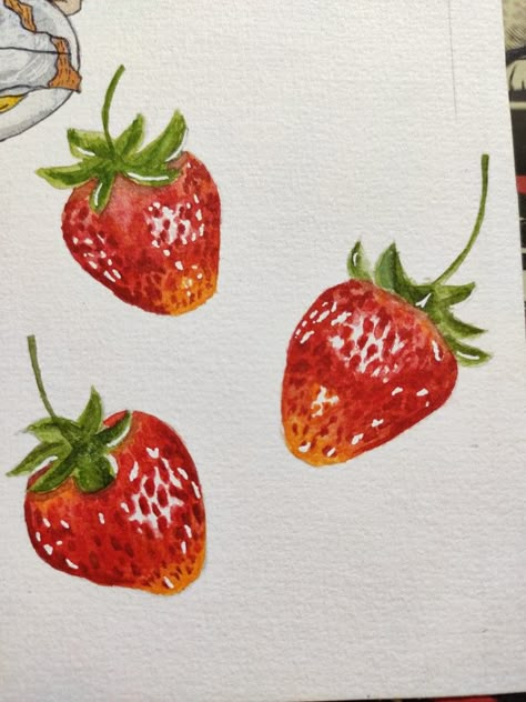 Strawberry Drawing Watercolors, Strawberry Drawing Colored Pencil, Realistic Strawberry Painting, Oil Pastel Strawberry Drawing, Strawberry Aesthetic Painting, Painting Of A Strawberry, Color Pencil Strawberry, Oil Painting Strawberry, Paintings Of Strawberries