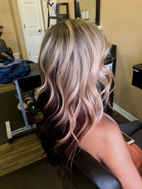 😳Trending: 37+ Underneath Hair Color Inspiration – Burgundy, Brown, Pink, Purple, Blonde Dyed Hairstyles #BurgundyColors #Click underdye blonde underdye hair silver underdye hair white underdye hair red underneath hair color ideas underneath hair color for brown hair underneath hair color for blonde hair how to dye the underlayer of your hair Blonde With Maroon Underneath, Blonde And Dark Red Highlights, Blonde On Top Dark Red Underneath, Blonde Hair With Maroon Underneath, Blonde With Dark Red Underneath, Blonde Highlights With Red Underneath, Blond With Burgundy Peekaboo, Colorful Hair Underneath Blonde, Icy Strawberry Blonde Balayage