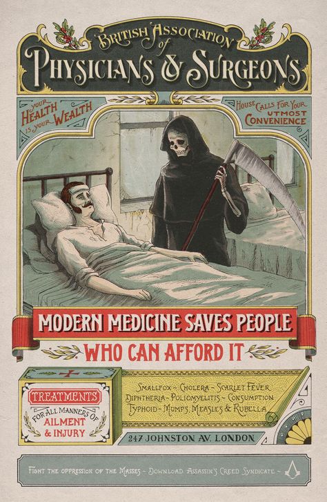 Assassin's Creed Syndicate | Victorian-Style Posters Depicting Injustice and Class Exploitation | Award-winning Illustration for Advertising | D&AD Halloween Postcard, Medical Posters, Assassins Creed Syndicate, Ad Of The World, Old Advertisements, Vintage Medical, Assassin’s Creed, Old Ads, Advertising Poster