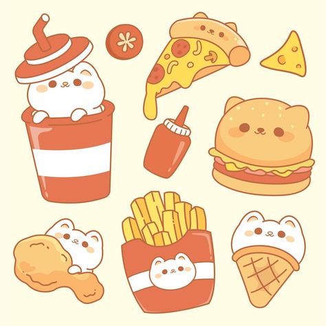 Cute Cat Kawaii, Burger Drawing, Chibi Food, Chibi Cat, Food Cartoon, Cat Kawaii, Cute Food Drawings, Cute Food Art, Kawaii Cartoon