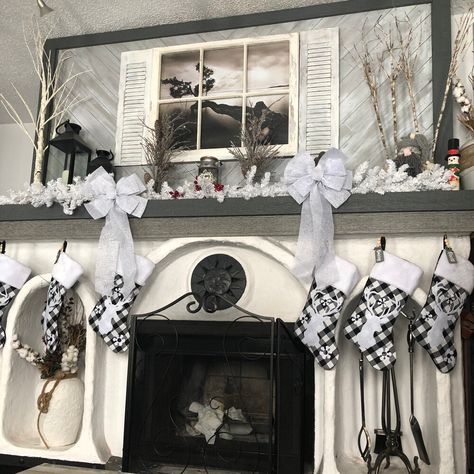 Rustic reindeer Christmas stocking. Black and white plaid base with faux fur cuff. White snowflakes and buttons and reindeer silhouette Rennes, Rustic Reindeer, Christmas With Family, A Country Christmas, Reindeer Silhouette, Black White Christmas, White Reindeer, Rustic Holiday Decor, Country Holiday