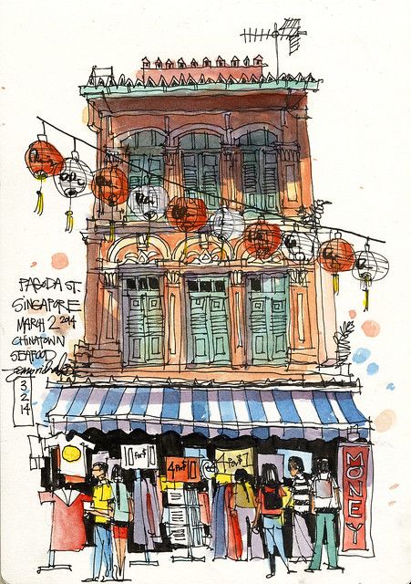 Chinatown shophouse, Singapore | A beautiful shophouse with … | Flickr James Richards, Singapore Art, Travel Sketchbook, Watercolor Architecture, Travel Sketches, Urban Sketchers, Arte Sketchbook, Watercolor Sketch, Urban Sketching