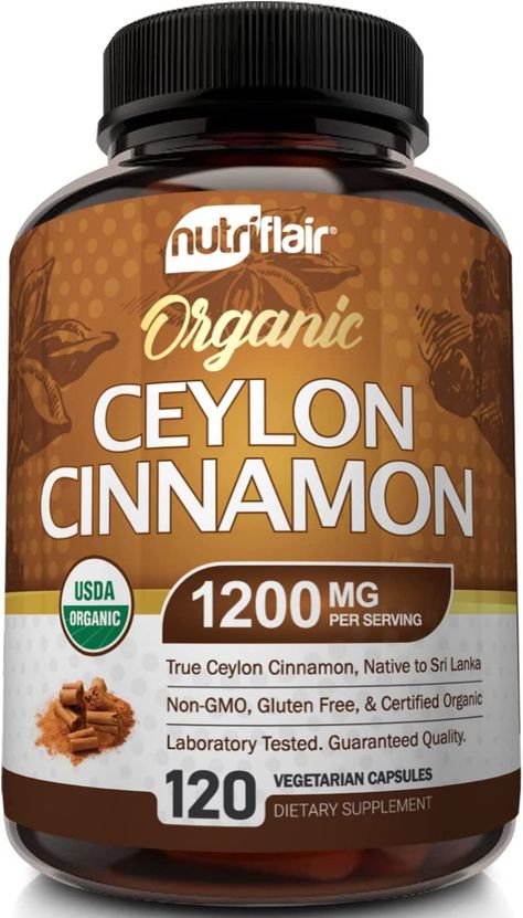 NutriFlair Organic Ceylon Cinnamon Supplement 1200mg, 120 Capsules - USDA Certified Organic Cinnamon - Non-GMO, Gluten Free Cinnamon Powder, Antioxidant Cinnamon Pills - Supports Glucose Metabolism Metabolism Foods, Gluten Free Cinnamon, Healing Remedies, Ceylon Cinnamon, Turmeric Curcumin, Protein Supplements, Cinnamon Powder, Cardiovascular Health, Usda Organic