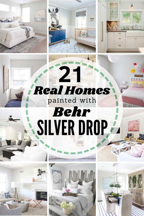 Is Behr Silver Drop the right neutral paint color for your home? Check it out in 21 real homes to help you decide! Plus, we'll explore the undertones, and other similar paint shade options Behr Paint Colors Silver Drop, Behr Paint Ideas, Behr Silver Drop Paint Color, Behr Paint Silver Drop, Silver Drop Paint Color, Silver Paint Colors For Walls, Behr Living Room Paint Ideas, Neutral Nursery Paint Colors Behr, Silver Drop Paint