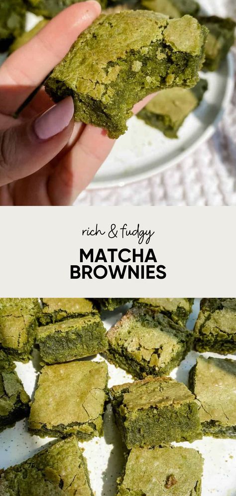 This is hands down the best Matcha Brownies recipe ever! These bright green brownies are vibrant and full of color. Made with ceremonial grade matcha and white chocolate chips. These easy matcha brownies come together in about an hour. Vegan Matcha Brownies, Matcha Blondies Recipe, Healthy Matcha Brownies, Healthy Matcha Dessert Recipe, Matcha Mochi Brownies, Matcha Chocolate Bar, Baking With Matcha, Matcha Deserts Recipe, Vegan Matcha Dessert