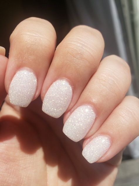 White Glitter Nail Ideas, White Hoco Nails Short, Cute White Nails With Glitter, Cute White Glitter Nails, All White Sparkle Nails, Jr Prom Nails, White Shimmery Nails Acrylic, Silver Nail Ideas For Prom Short, Dip Nails Bride