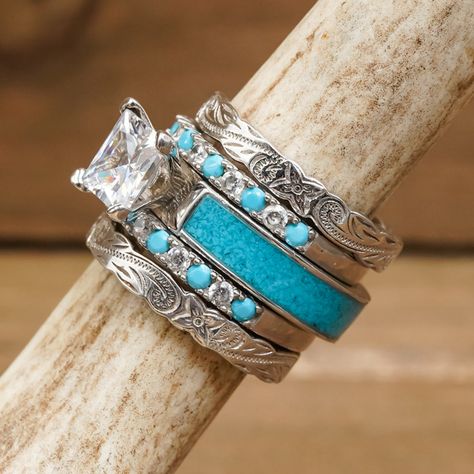 Wedding Rings With Turquoise, Western Engagement Rings, Western Wedding Rings, Elk Ivory, Ivory Jewelry, Turquoise Wedding Rings, Western Rings, Silver Falls, Antler Ring