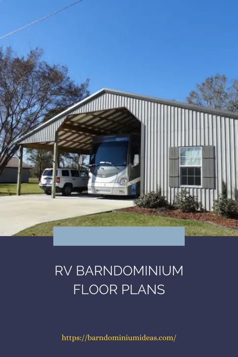 If you have an RV or plan to get one, when you are ready to build your barndominium, you should look at RV barndominium floor plans. It is easier to figure them into your plans at the beginning instead of adding them later. It would probably be cheaper to include it in the budget build in the beginning. Even if you build it before you have an RV, you can use the area for storage, entertainment room, or garage. Metal Building With Rv Storage, Rv Friendly Barndominium, Rv Home Base Plans, Rv House Plans, Rv Casita Floor Plans, Barndominium Rv Garage, Rv Building Ideas, Rv Property Ideas, Barndominium With Rv Storage