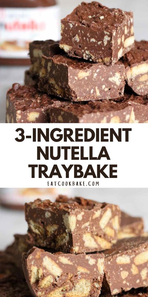 This Nutella traybake with 3 ingredients is super easy to make! It's a no-bake traybake packed full of Nutella flavour and crunchy biscuit texture! Nutella Desserts No Bake, Easy Bake Recipes Kids, Sweet Tray Bakes, Chocolate Traybake Recipes, 3 Ingredient Christmas Treats, Kid Baking Ideas Easy, Easy Truffles No Bake 3 Ingredients, Sweet Tray Bake Recipes, No Bake Traybake Recipes