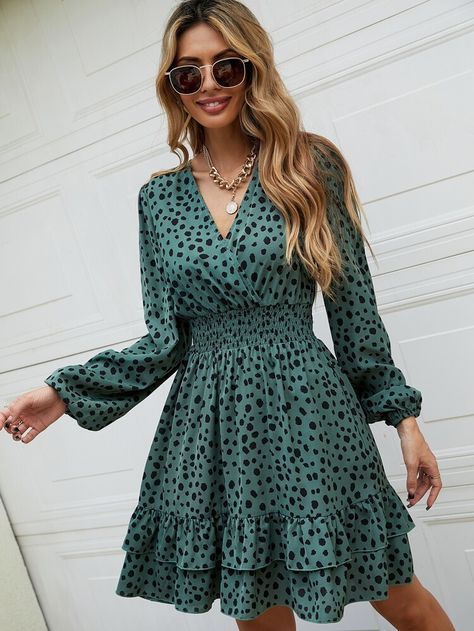 Free Returns ✓ Free Shipping On Orders $49+ ✓. Dalmatian Print Lantern Sleeve Shirred Waist Ruffle Hem Dress- Women Dresses at SHEIN. Loose Dresses For Women, Shirred Waist Dress, Corduroy Overall Dress, Cute Floral Dresses, African Print Dress Ankara, Barbie Dress Fashion, Iranian Women Fashion, Dalmatian Print, Zebra Dress