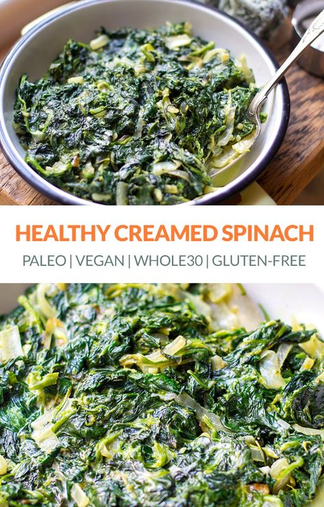 Healthy Creamed Spinach (Paleo, Vegan, Whole30, Gluten-free). Made with curry powder and coconut milk, this recipe has an Indian twist you will love. #spinach #frozenspinach #indian #creamedspinach #vegan #dairyfree #paleo #whole30 #sidedish via @irena_macri Paleo Creamed Spinach, Vegan Creamed Spinach, Healthy Creamed Spinach, Spinach Vegan, Creamed Spinach Recipe, Fit For Life, Paleo Vegan, Creamed Spinach, Spinach Recipes