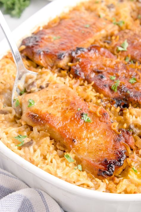 Pork Chops And Rice Bake, Baked Pork Chop And Rice Recipes, Pork Chop Recipes For 2 People, Recipe Using Pork Chops, Pork Chop And Rice Casserole Easy, One Pan Meals Pork Chops, Pork Chops And Rice A Roni Casserole, Boneless Pork Chops And Rice Casserole, Boneless Pork Chop Recipes Casseroles