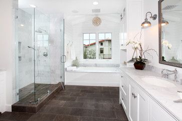 Bathroom tile Design Ideas, Pictures, Remodel and Decor - I like how the tile floor extends into the shower Bathroom Brown Tile, Brown Tile, Traditional Bathroom Designs, Brown Floor, Traditional Bathrooms, White Bathroom Designs, Dark Floors, Brown Floors, Brown Bathroom