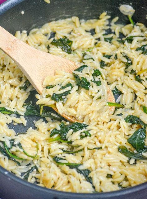 Spinach Parmesan Orzo - 4 Sons 'R' Us Parmesan Orzo Pasta, Creamy Orzo Pasta, Spinach Orzo, Vegetarian Main Meals, Parmesan Spinach, Parmesan Orzo, Spinach Parmesan, Pasta Side, Pasta Side Dishes