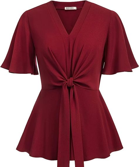 GRACE KARIN 2023 Women's Elegant Peplum Tops V Neck Tie Front Short Bell Sleeve Shirts Tops Blouse at Amazon Women’s Clothing store Business Casual Outfits, Sequin Peplum Top, Korean Blouse, Bell Sleeve Shirt, Peplum Tops, Fitted Blouses, Tops Blouse, Dressy Tops, Leather Top