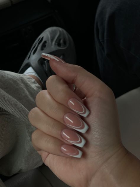 Double Line French Tip Nails Coffin, Double Smile Line Nails, French Nails Double Line, French Tip Double Line, French Nails With Line, Blue Nails With White Lines, French Tip With Line Under, Double Lined French Tip, French Line Nails