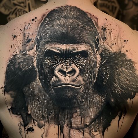 Gorilla Back Tattoo Men, Gorilla Tattoos, Kong Art, Animal Sleeve, Animal Sleeve Tattoo, King Kong Art, Gorilla Tattoo, White Tattoos, Man Tattoo