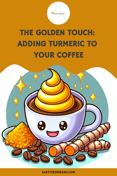 Illustration of an animated cup of coffee with a swirl of turmeric on top, turmeric root, and a pile of turmeric powder alongside, promoting the addition of turmeric to coffee. Turmeric Coffee Benefits, Tumeric Coffee Recipes, Tumeric Drinks Recipes, Cold Tumeric Drinks, 10 Second Tumeric Trick, Turmeric Recipes Drinks, Turmeric Drink Recipes, Tumeric Water Morning Benefits, How To Use Tumeric