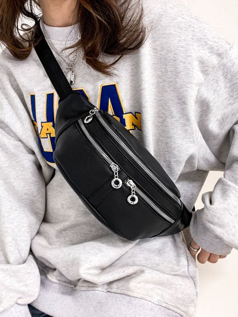 Black Cool   PU Leather Plain Sling Bag    Women Bags Waist Pouch Outfit Women, Cool Fanny Packs, Sling Bag Women, Fanny Pack Women, Tas Bahu, Bag Outfit, Adjustable Bag, Waist Bags, Bum Bag