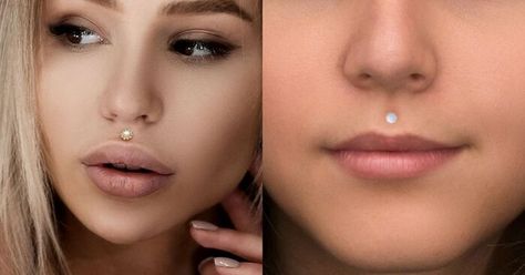 A medusa piercing is a face piercing that sits right above your cupid's bow on your lip. Here's everything you need to know about it. #piercing #medusapiercing #medusa Above The Lip Piercing, Face Piercings Medusa, Upper Lip Piercing Medusa, Above Lip Piercing, Medusa Piercing Small Lips, Medusa Piercing Scar, Lip Piercing Medusa, Piercing Pain Level, Piercing Ideas Face