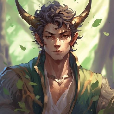 Tiefling Druid Fey Touched Tiefling, Saytr Character Design Male, Tiefling Druid Male, Male Druid Character Art, Satyr Male, Dnd Tiefling Male, Male Tiefling, Tiefling Druid, Tiefling Male