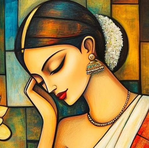 Indian Women Acrylic Painting, Unique Portrait Art Drawings, Potrait Rangoli Ideas, Frabic Paint Pictures, Potrait Rangoli Designs, Gujarati Painting, Beautiful Paintings Creative, Composition Ideas Drawing, Women Rangoli