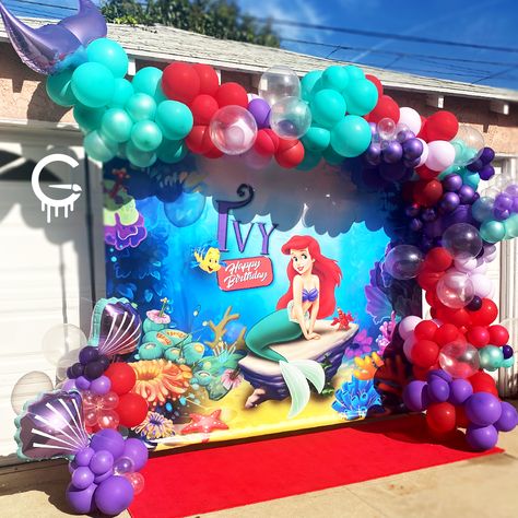 Classic ariel Custom backdrop and balloon installation Diy Ariel Decorations, Ariel Balloon Decoration, Ariel Balloon Garland, Ariel Balloons, Little Mermaid Balloon Arch, Little Mermaid Balloon Garland, Ariel Birthday Party Decorations, Ariel Backdrop, Little Mermaid Decorations