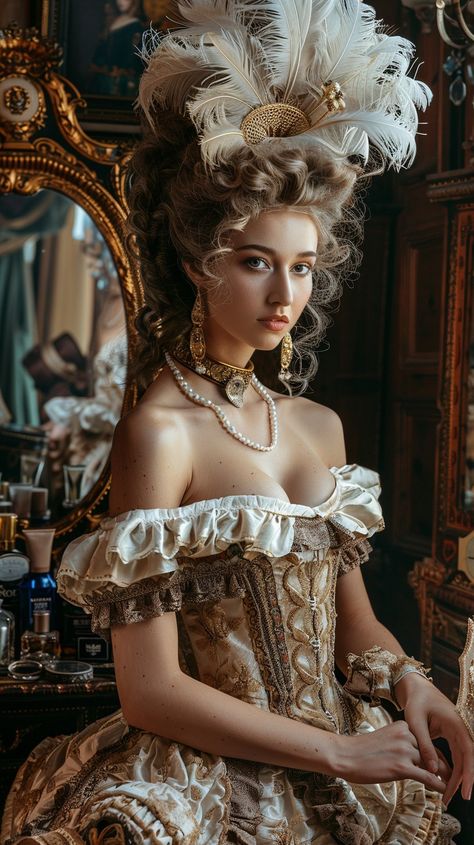 Elegant Period Attire: A regal young woman poses in a luxurious, baroque-style dress adorned with feathers and pearls. #elegance #period #costume #historical #baroque #aiart #aiphoto #stockcake ⬇️ Download and 📝 Prompt 👉 https://ayr.app/l/yFqT Baroque Costume Women, Baroque Outfits Women, Opulence Outfit, Baroque Aesthetic Fashion, Baroque Dresses, Baroque Clothing, Baroque Women, Baroque Costume, Tommy Davis