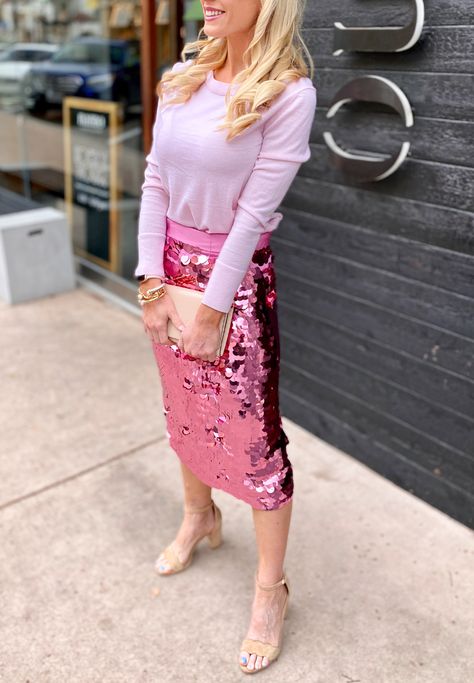 Gorgeous Sequin Skirt | Pink pencil skirt | Pencil skirt outfit Pink Sequin Skirt Outfit, Sequin Pencil Skirt Outfit, Sequins Skirt Outfit, Pink Pencil Skirt Outfit, Metallic Skirt Outfit, Pink Sequin Skirt, Skirts Collection, Sequin Skirt Outfit, Pink Skirt Outfits