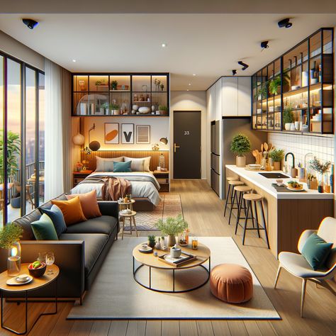 Aesthetic Apartment! Loft Apartment Aesthetic, Studio Apartment Plan, Living Room Office Combo, Studio Flats, Living Room And Bedroom Combo, My Own Place, Single Apartment, Flat Interior Design, Tiny Studio Apartments