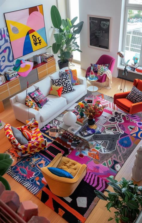 Vibrant Living Room Ideas Eclectic, Bright Rug Living Room, Color Pop Living Room, Eclectic Apartment Living Room, Modern Maximalist Interior Design, Funky Rugs Living Room, Cozy Colorful Living Room, Groovy Living Room, Modern Eclectic Apartment