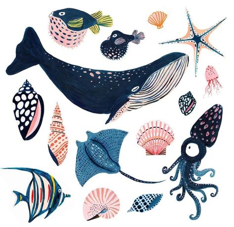 Illustration Sea Animals, Sea Life Prints, Sea Life Pattern, Sealife Illustrations, Sea Animals Illustration, Sea Creatures Illustration, Fishes Illustration, Sea Life Illustration, Sea Pattern