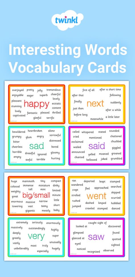 These colourful cards feature a selection of different words that can be used to make writing more interesting! Great as a general visual writing aid, and perfect for keeping on hand. These are brilliant for encouraging your children to expand their horizons and use more exciting vocabulary during independent writing activities. Sign up to Twinkl to download this resource. #vocabulary #vocabularyactivities #words #SPaG #teaching #teacher #twinkl #twinklresources #literacy #homeeducation Vocabulary Building Activities, Vocabulary Words Activities, Sign Language For Toddlers, Interesting Words, Teacher Essentials, Word Building Activities, Word Work Stations, Words Vocabulary, Fun Facts For Kids