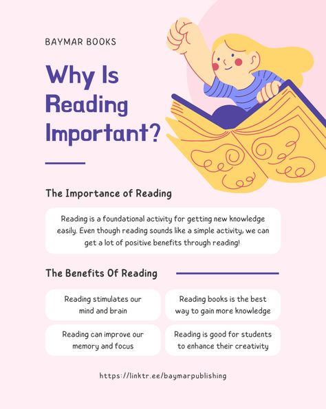 Why is Reading Important? Reading is a foundational activity for getting new knowledge easily. Even though reading sounds like a simple activity, we can get a lot of positive benefits through reading. The Benefits Of Reading * Reading stimulates our mind and brain. * Reading can improve our memory and focus. * Reading books is the best way to gain more knowledge. * Reading is good for students to enhance their creativity Mindful Reading, Reading Importance, How To Get Better At Reading, Tips For Reading Comprehension, Benefits Of Reading Books, Benefits Of Reading, Reading Benefits Quotes, Importance Of Reading Poster, Books To Improve English