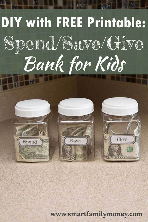 DIY with FREE Printable: Spend/Save/Give Bank for Kids Kids Money Jars, Kids Room Ideas For Boys, Room Ideas For Boys, Kids Money Management, Bank For Kids, Earning Tips, Budgeting Ideas, Kids Room Ideas, Teaching Money