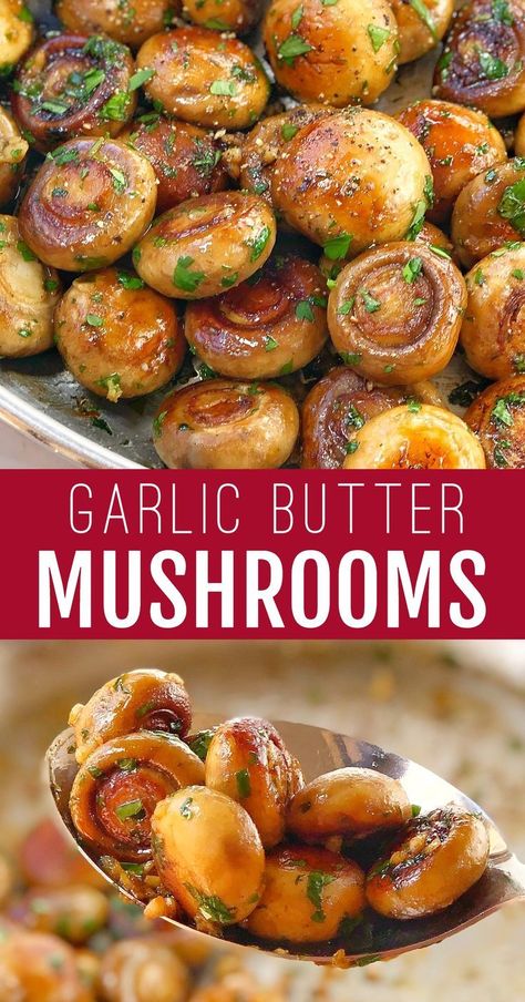 Garlic Butter Mushrooms - plump, juicy mushrooms sauteed in plenty of garlic and butter then finished off with parsley and a squeeze of lemon. These super easy garlic butter mushrooms are both keto and low carb, and make a perfect side dish families will love! #chefnotrequired #buttermushrooms #lowcarbfood #keto #garlicmushrooms Mushrooms Sauteed, Hamburger Side Dishes, Easy Garlic Butter, Butter Mushrooms, Mushroom Side Dishes, Side Dishes For Ham, Burger Side Dishes, Side Dishes For Salmon, Garlic Butter Mushrooms