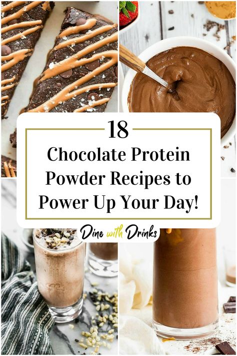 Collage of 4 chocolate protein powder recipes. What To Do With Chocolate Protein Powder, Vegan Chocolate Protein Powder Recipes, Chocolate Protein Snack Recipes, Deserts With Protein Powder, Using Protein Powder In Baking, How To Bake With Protein Powder, Nuzest Protein Recipe, Whey Chocolate Protein Powder Recipes, Uses For Chocolate Protein Powder