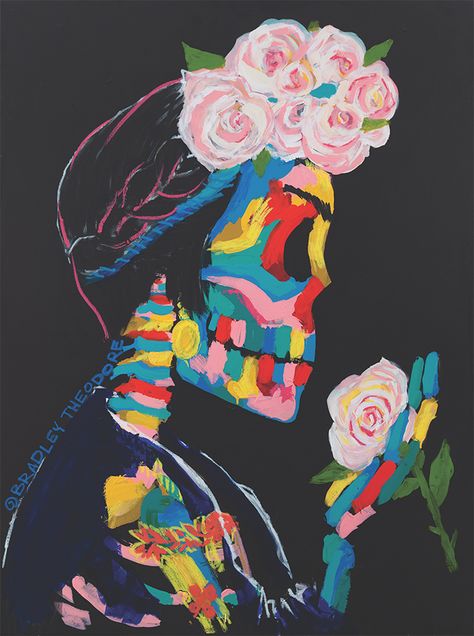 "Frida," 2015 Acrylic on canvas by Bradley Theodore.  Theodore's ex-girlfriend took a great amount of inspiration from Frida Kahlo, the late famous Mexican artist known for her signature unibrow and her self-portraits (as well as her tumultuous relationship). This painting of Kahlo features her unibrow, braid, and roses. Bradley Theodore Art, Bradley Theodore, Parking Lot Painting, Hippie Painting, Mexican Artists, Street Artists, Painting Illustration, Acrylic Paintings, Art Techniques