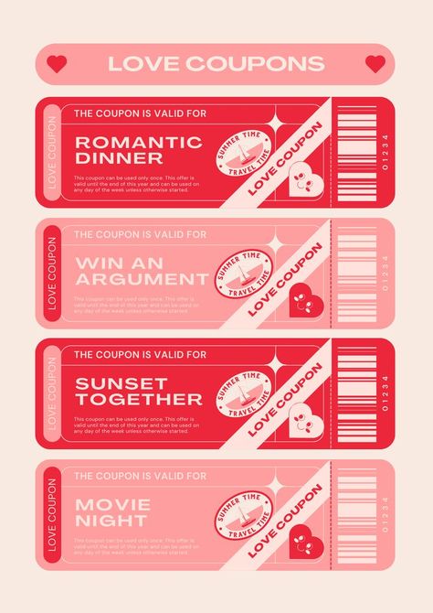 Coupons Template, Coupons D'amour, Best Coupon Sites, Gift Voucher Design, Coupons For Boyfriend, Voucher Design, Romantic Dinner For Two, Gift Card Design, Kartu Valentine