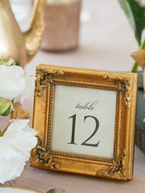 Formal gold frame 4" with custom printed table number by M. Design Vintage Gold Frame Table Numbers, Table Numbers In Gold Frames, Gold Photo Frame Table Numbers, Gold Framed Table Numbers, Gold Picture Frame Table Numbers, Picture Frame Table Numbers Wedding, Gold Frame Table Numbers, Hotel Wedding Ceremony Decorations, Framed Table Numbers Wedding