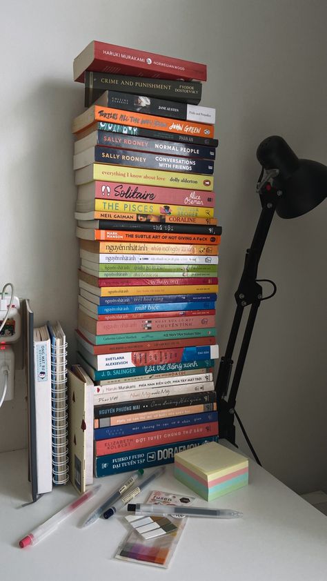 Books On Shelf Aesthetic, Books On Bedside Table, Books On Desk, Books On Nightstand, Stack Of Books Aesthetic, Pile Of Books Aesthetic, Desk Shelf Aesthetic, Piles Of Books Aesthetic, Books On Desk Aesthetic